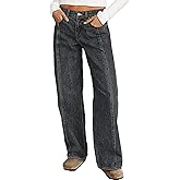 Flamingals Straight Leg Baggy Jeans for Women Mid Rise Wash Seam Front Boyfriend Wide Leg Jeans Casual Denim Pants
