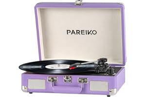 PAREIKO Record Player 3 Speed Turntable Portable Suitcase with Bluetooth Built-in Battery Aux in RCA Line Out