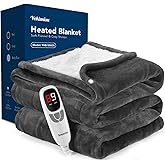 Heated Blanket Throw with 2 Wearable Buttons, Lux-Soft Flannel Sherpa Electric Blanket 9 Heat Levels & 1-10H Timer, 50"x60" Wearable Heated Throw Blanket, ETL Certified Machine Washable (Grey)