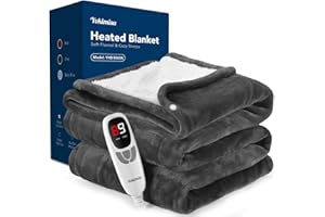 YOKIMISU Heated Blanket Throw w/ 2 Wearable Buttons, Lux-Soft Flannel Sherpa Electric Blanket 9 Heat Levels & 1-10 Time Settings, 50"x60" Wearable Heated Throw Blanket, ETL Certified Machine Washable (Grey)