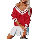 Aoudery Womens V Neck Oversized Sweaters Long Sleeve Cable Knit Pullover Striped Chunky Sweater Casual Tennis Tunic Tops