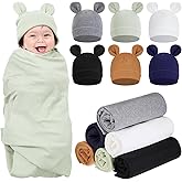Ramede 6 Set Baby Swaddle Blanket and Hat, 100% Cotton Newborn Receiving Blanket Wrap with Headband, 31.5" Soft, Breathable for Girl Boy Nursery Sleep Cradle Sheet Breastfeed Cover(Simple,Multicolor)