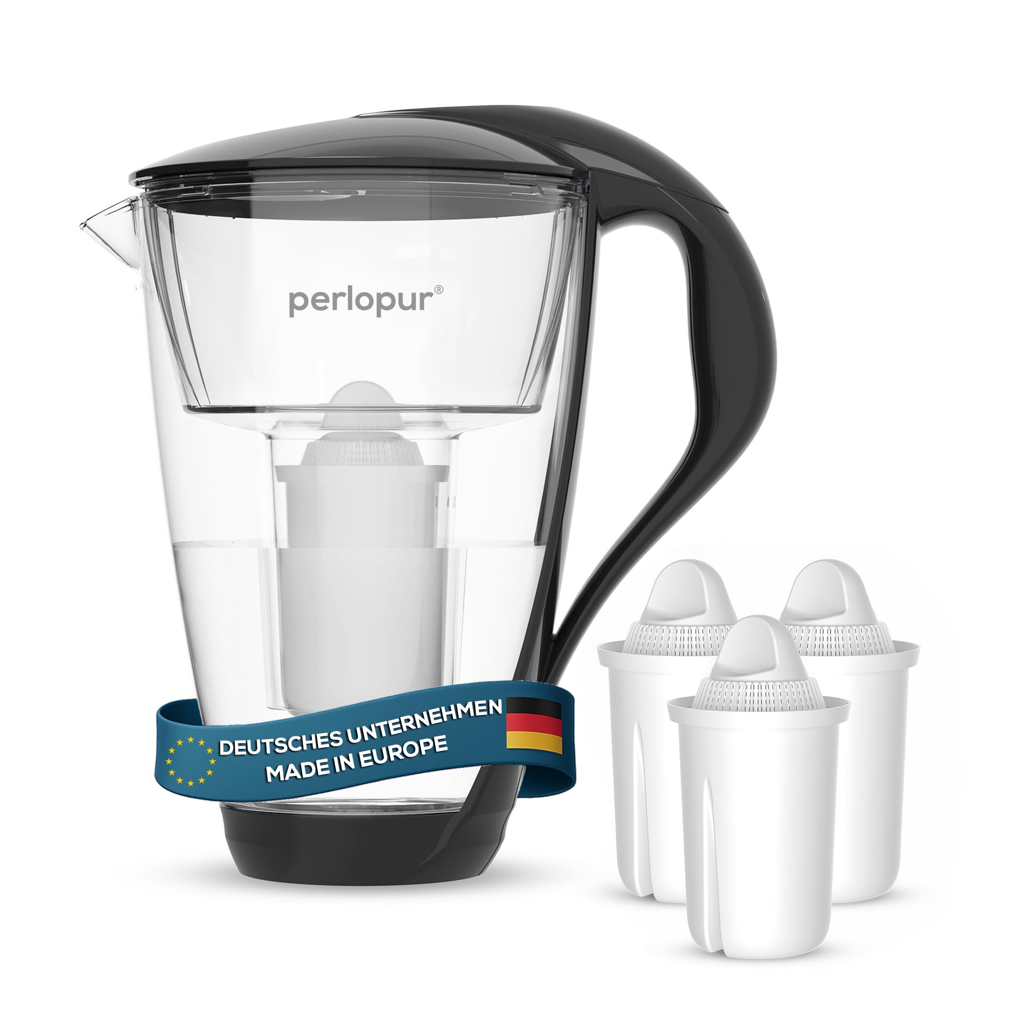 PearlCo GLASS water filter (black) with 3 Classic filter cartridges - reduction of limescale, chlorine, lead & copper with glass jug - compatible with Brita Classic - Made in EU
