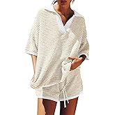 Tankaneo Womens Sweater Set 2 Piece Outfits Oversized 3/4 Sleeve V Neck Knit Tops High Waisted Shorts Lounge Sets