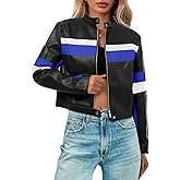 Tankaneo Womens Cropped Moto Biker Jackets Faux Leather Bomber Jacket Color Block Vintage Racing Coats