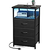 Fixwal Night Stand with Charging Station, LED Nightstand with U-S-B Ports and Outlets, 3 Fabric Storage Drawers with PU Finish, Bedside Table, Black