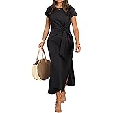 ANRABESS Womens Summer Maxi Dress Casual Crew Neck Tie Waist Split Wrinkle-Free Fit Long Fashion Vacation Dresses 2026 Spring
