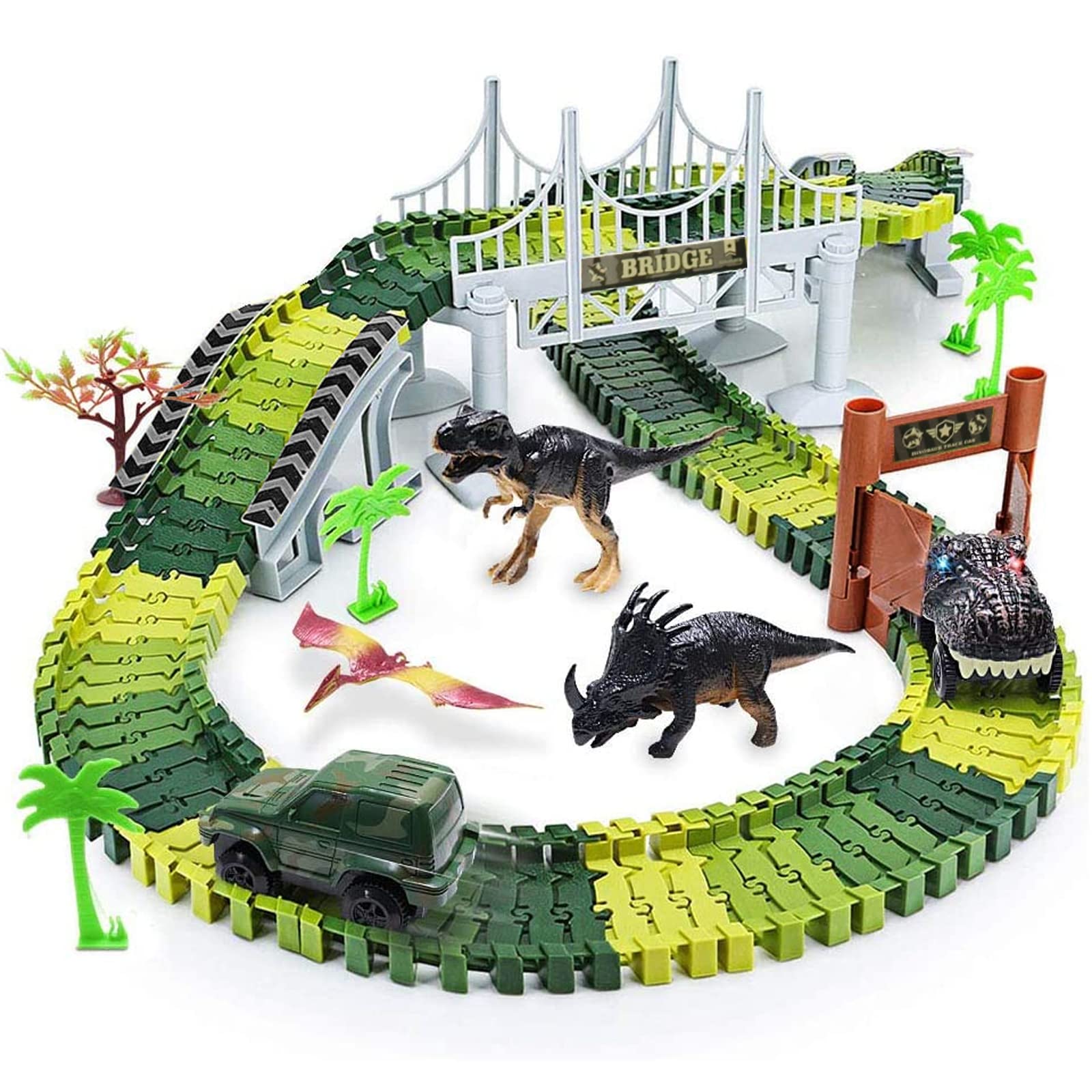 Dinosaur Toys Car Race Tracks for Boys Kids, GEEKERA 142 Pcs Flexible New Educational Dinos Train Set Toy Playset for Girls Toddlers Birthday Party Supply Gift