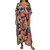 Bsubseach Women Kaftan Dresses Ethnic Print V-Neck Beach Cover Up Plus Size Caftan Loungewear Summer Swimsuit Coverup