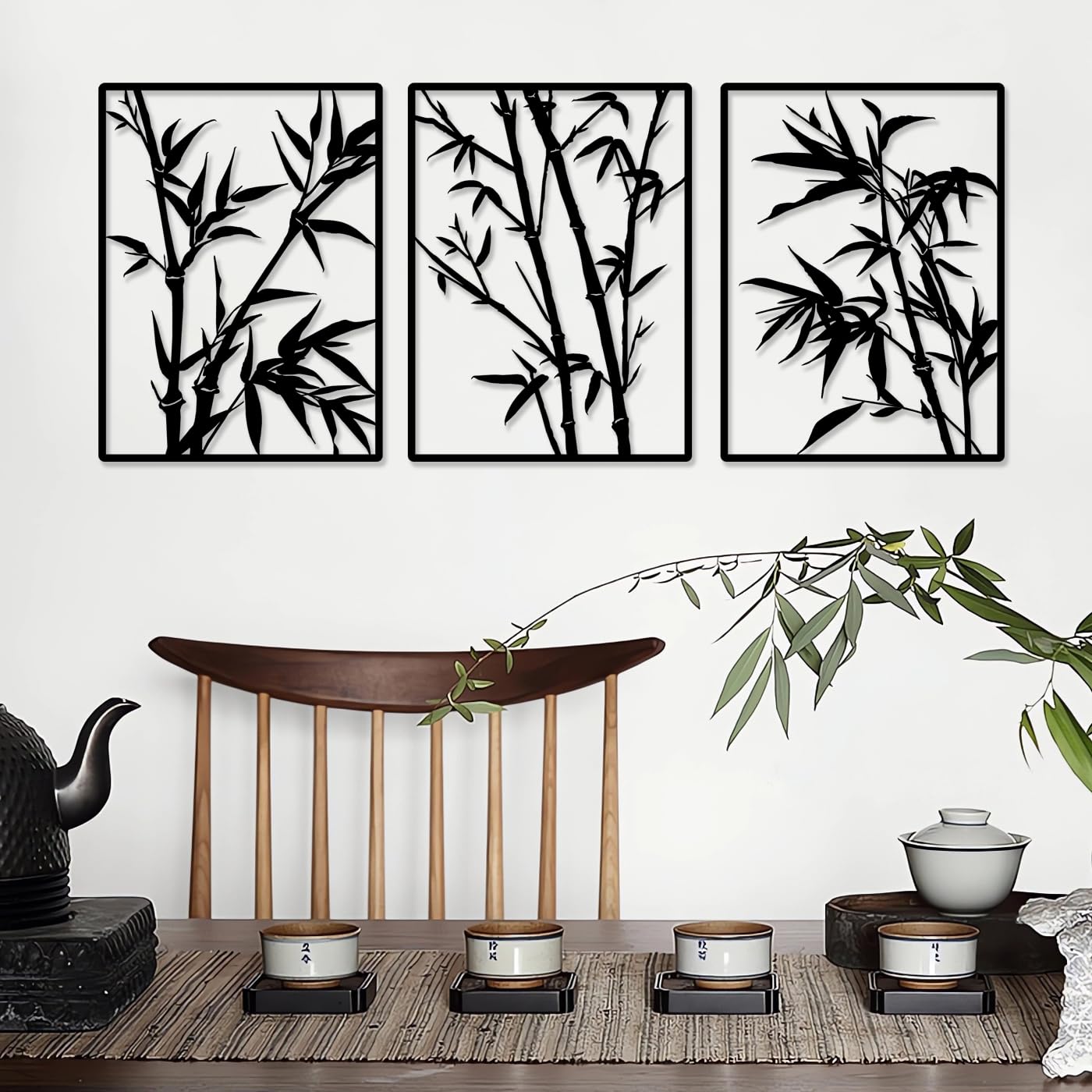 Pduoduo Large Metal bamboo Wall Decorative,Metal Wall Art Decor,Tree Hanging Sign,bamboo Sculpture for wall decorPack of 3(Total 50 x 22 inch)