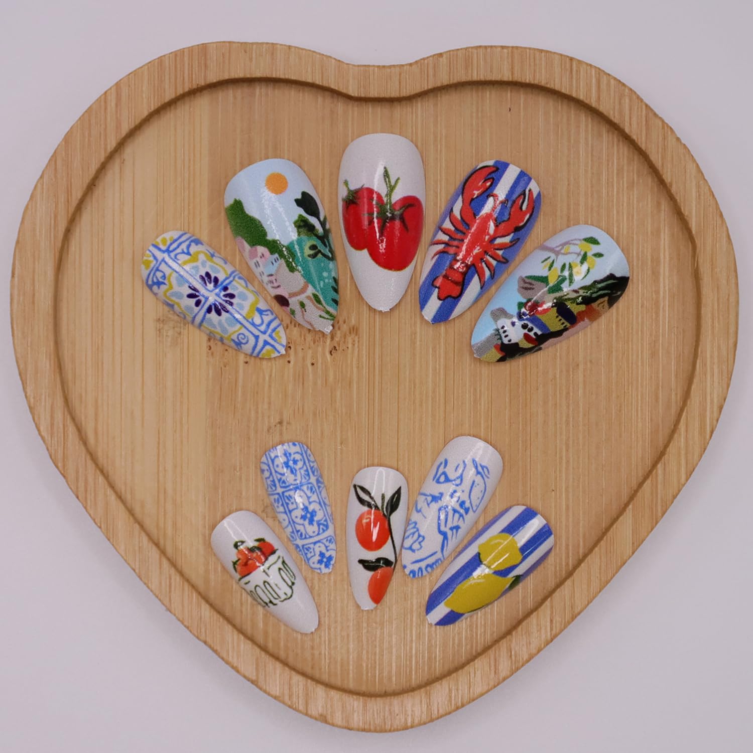 RIICFDD Holiday Nails Almond Press on Nails Short Fake Nails Fruit Acrylic Nails Shrimp Nails Press ons with Blue White Stripe Design Full Cover Glossy Glue on Nails for Women Artificial Nails 24 Pcs - Image 4