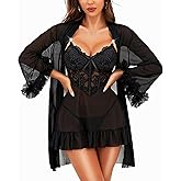 RSLOVE Lingerie Sets for Women Sexy - 2 Piece Babydoll & Lace Kimono Robe Set Strap Chemise Sleepwear Mesh Nightgown Ruffled