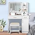 QUALIKRAFT Vanity Set, Vanity Desk with Mirror and Lights, Vanity Desk with Drawers, Vanity with Charging Station, Vanity with Chair, Vanity with Storage, White Vanity, Makeup Vanity，Bedroom Vanity