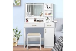 QUALIKRAFT Vanity Set - White Vanity Desk with Mirror, Lights, Drawers, Charging Station, Chair & Storage