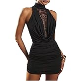 GORGLITTER Women's Lace Birthday Mini Dress Summer Sleeveless Mock Neck Bodycon Ruched Cocktail Formal Party Dresses