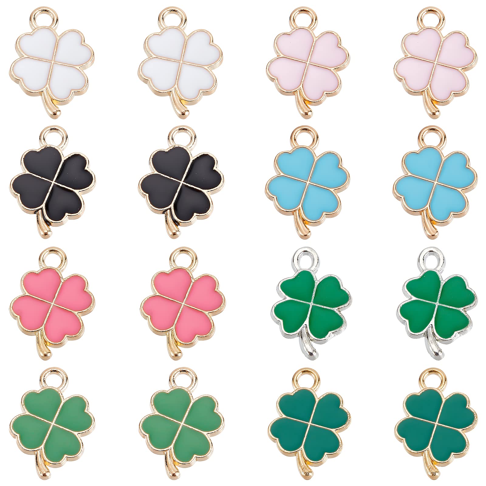 SUNNYCLUE 1 Box 64Pcs 8 Colors Four Leaf Clover Charm Lucky Charms St Patrick Day Enamel Shamrock Irish Green Leaves for jewellery Making Earrings Bracelets DIY Supplies — image 1