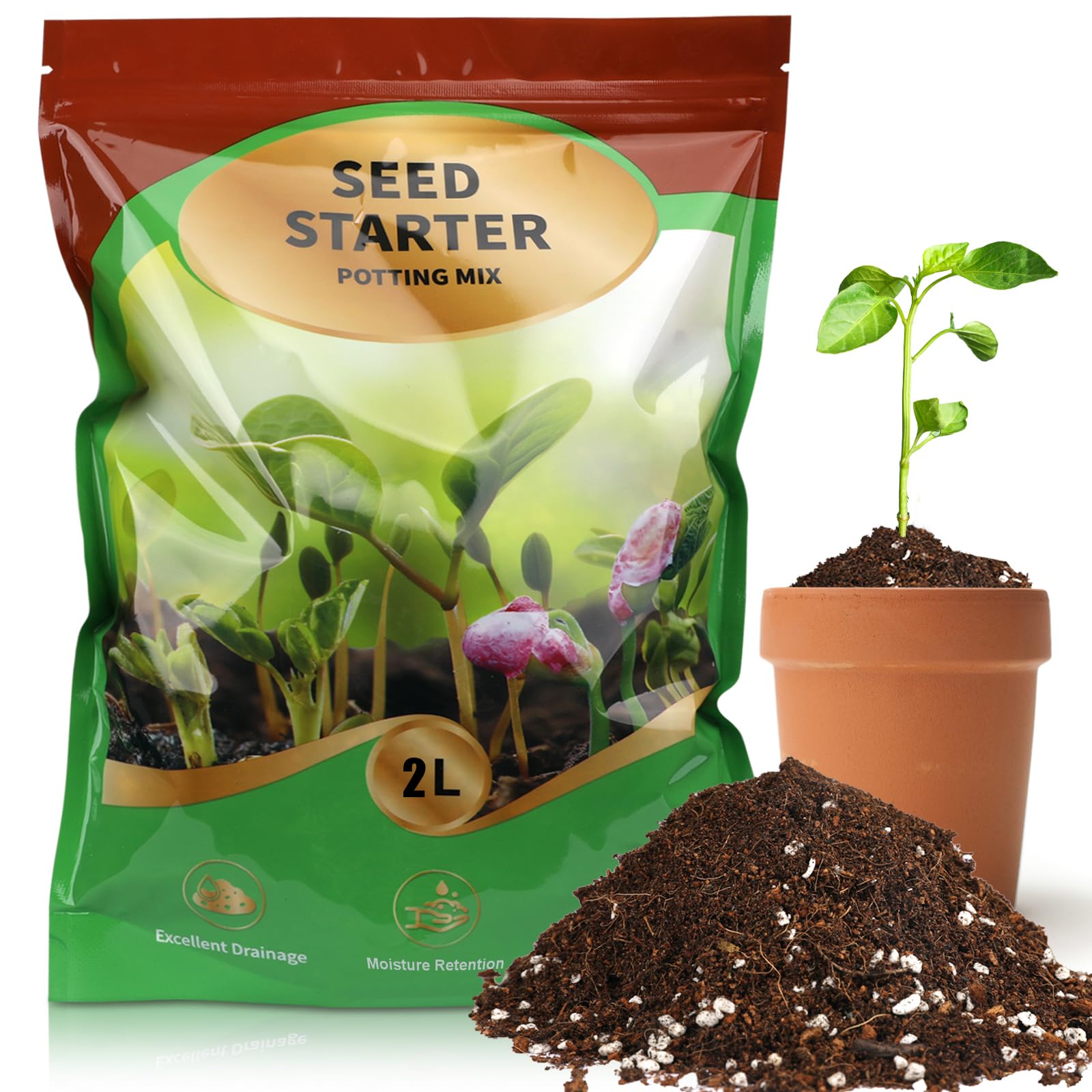 GOTVUGE Seed Starter Potting Soil Mix, Seed Starting Mix for Germination and Growth, Loamy Compost Well-Drainaged Soil Fit for Vegetable, Flower, houseplant (2L)