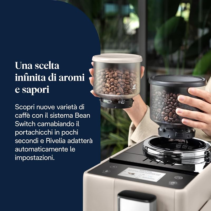 Rivelia Perfetto EXAM440.35.BG, Macchina da Caffè Automatica, Chicchi Macinati al Momento, Portachicchi Intercambiabile, Montalatte Classico, 8 Ricette, Display Touch a Colori, Colore Beige