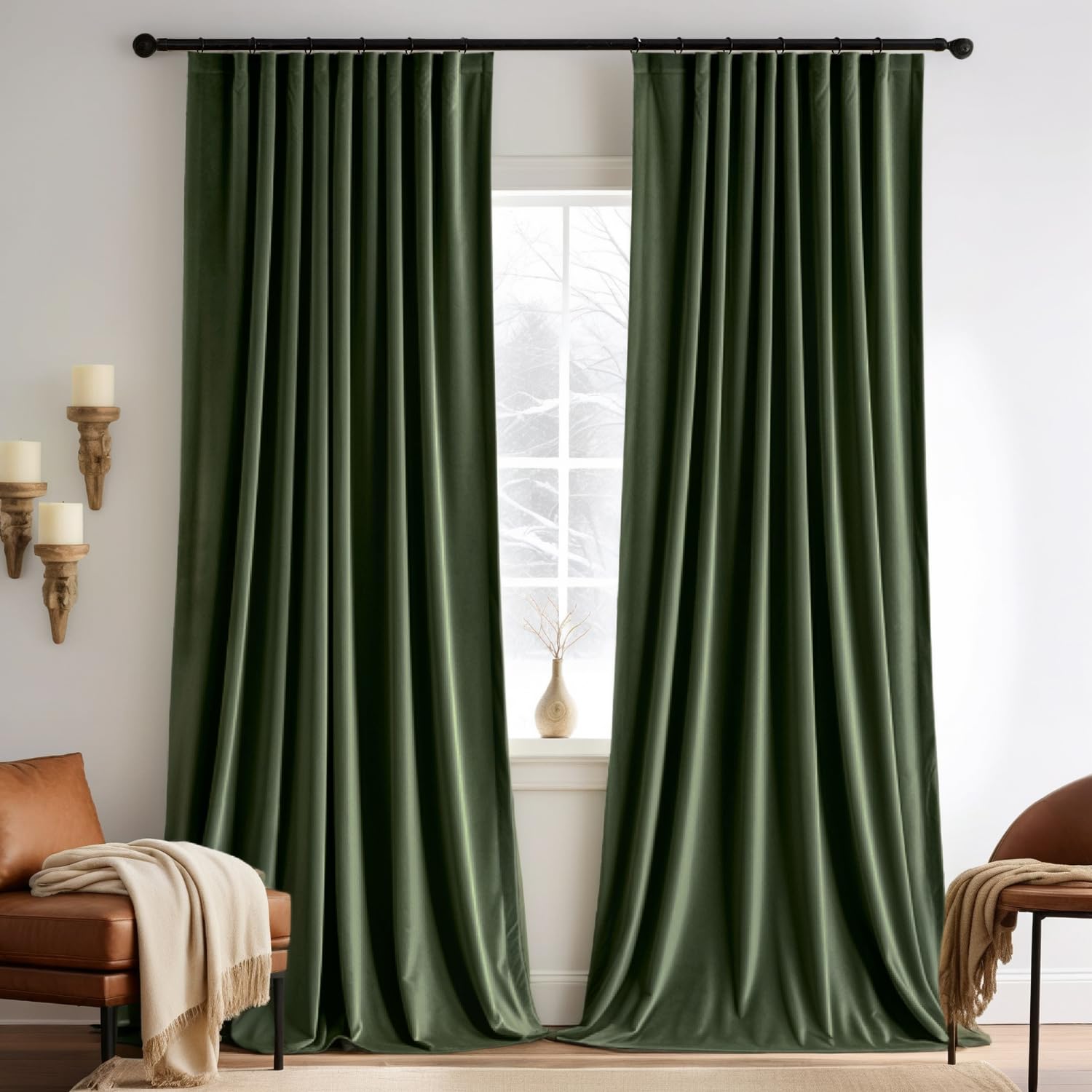 Photo 1 of MIULEE Olive Green Velvet Curtains 84 inches 2 Panels - Pinch Pleated Luxury Room Darkening Window Drapes for Bedroom Living Room Blackout Thermal Insulated Super Soft, Back Tab Rod Pocket, W52 x L84