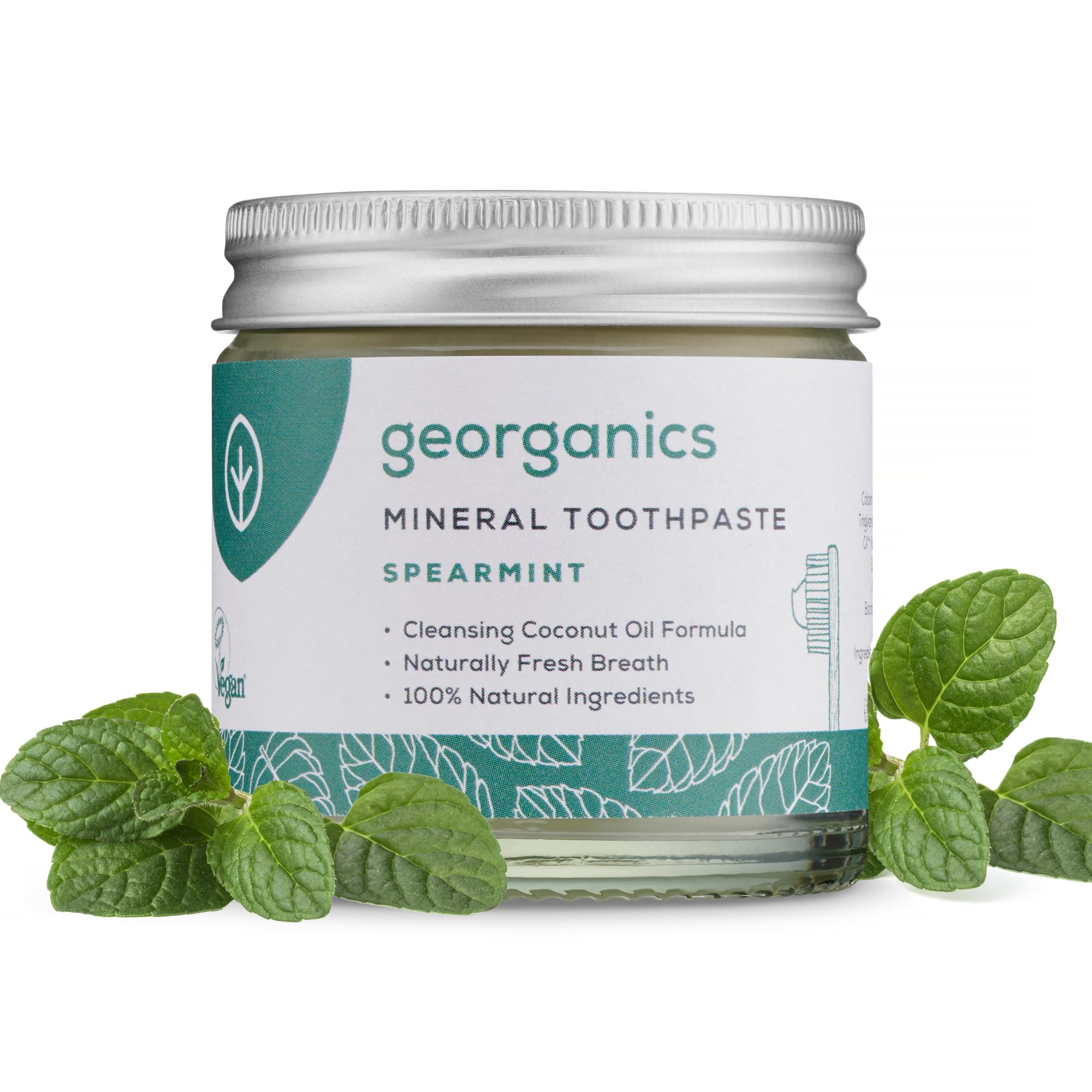 Georganics Mineral Toothpaste - 120ml - Spearmint - 100% Natural, Fluoride Free, SLS Free & Glycerine Free - with Coconut Oil to Support Gum Health - Certified Cosmos Natural, Vegan and Cruelty-Free
