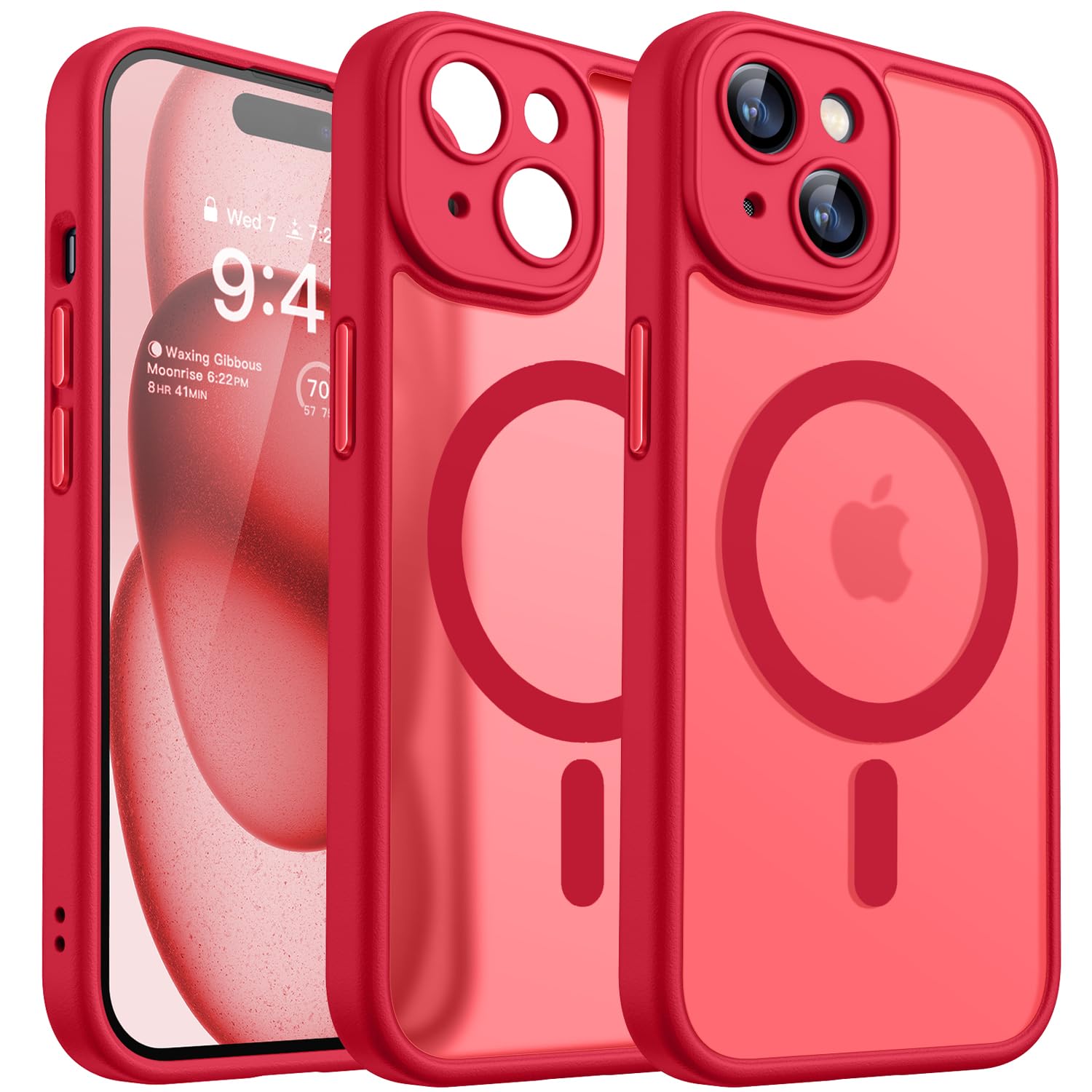 CANSHN Magnetic Compatible with iPhone 15 Case, Upgraded [Full Camera Protection] [Compatible with Magsafe] [Translucent Matte] Shockproof Protective Phone Case 6.1" - Red