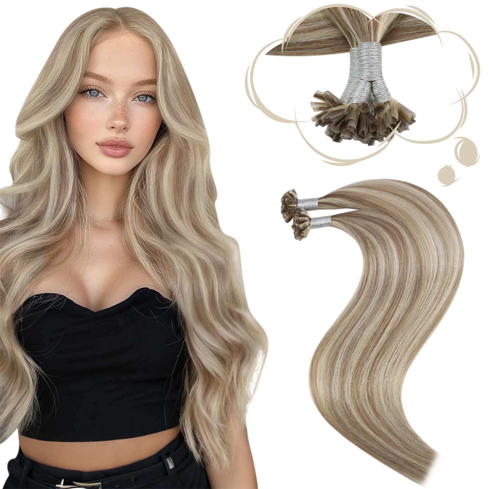 Moresoo Pre Bonded Human Hair Extensions Light Brown with Platinum Blonde U Tip Hair Extensions Real Human Hair 1g/s Remy Straight Hair 18 Inch 50g 50s/Pack #P9A/60 — image 1