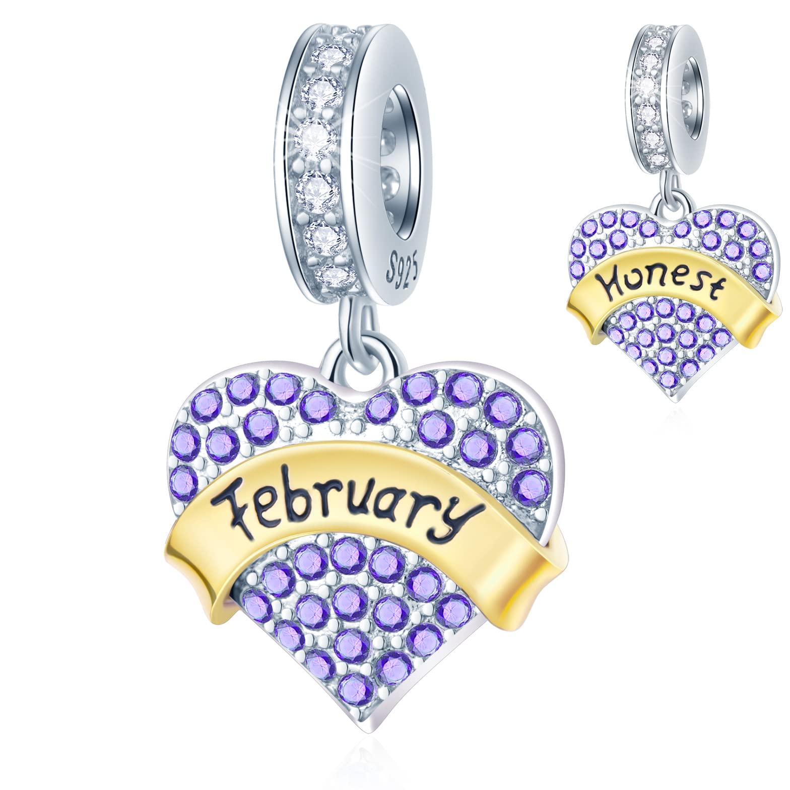 February Birthstone is Honest Heart Charms, fits Pandora Vanlentines Bracelet, Amethyst Purple Love Pendant Beads in 925 Sterling Silver, Gift for Birthday/Wife/Husband/Lover
