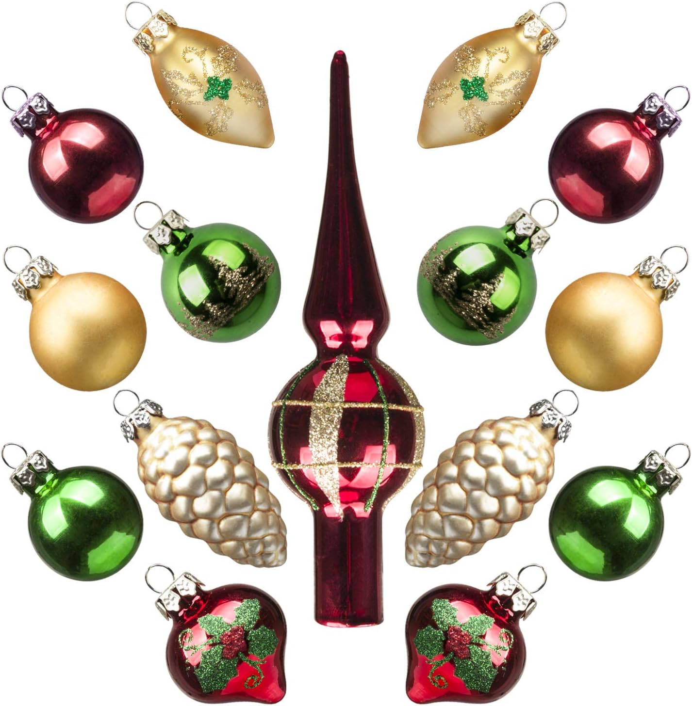 Ornaments - KINGYEE Miniature Ornaments and Tree Topper Christmas Mini Glass Tree Decorations Set of 15 for Tabletop Desktop Tree Wedding Centerpiece (Red Gold Green)