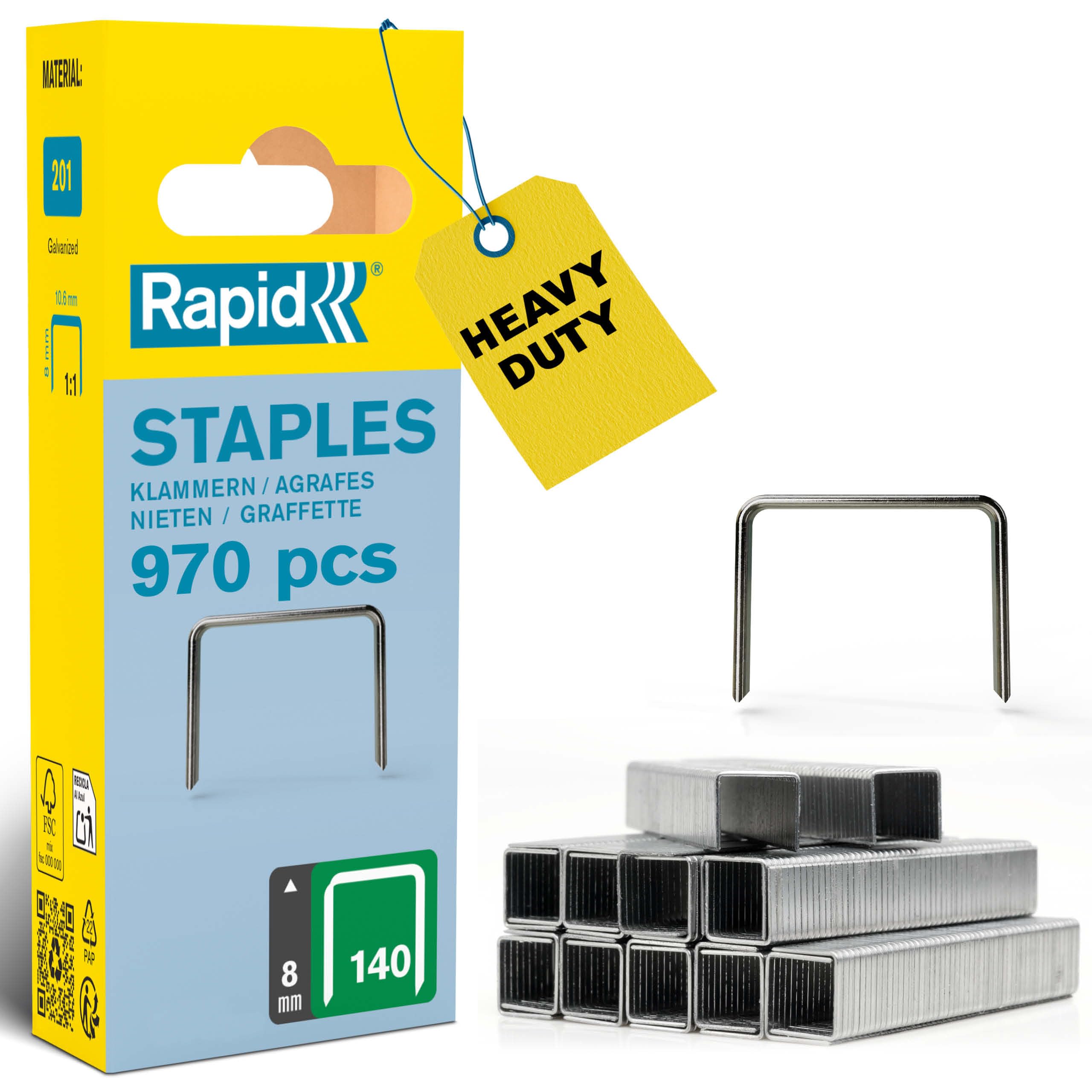 Rapid High-Performance Staples for Insulation, Thin Plastics, Cardboard and Carpets Flatwire No. 140, Leg Length 8mm, Staple Gun Staples, Galvanised Steel, 970 Pieces, Narrow Blister(40109514), Silver