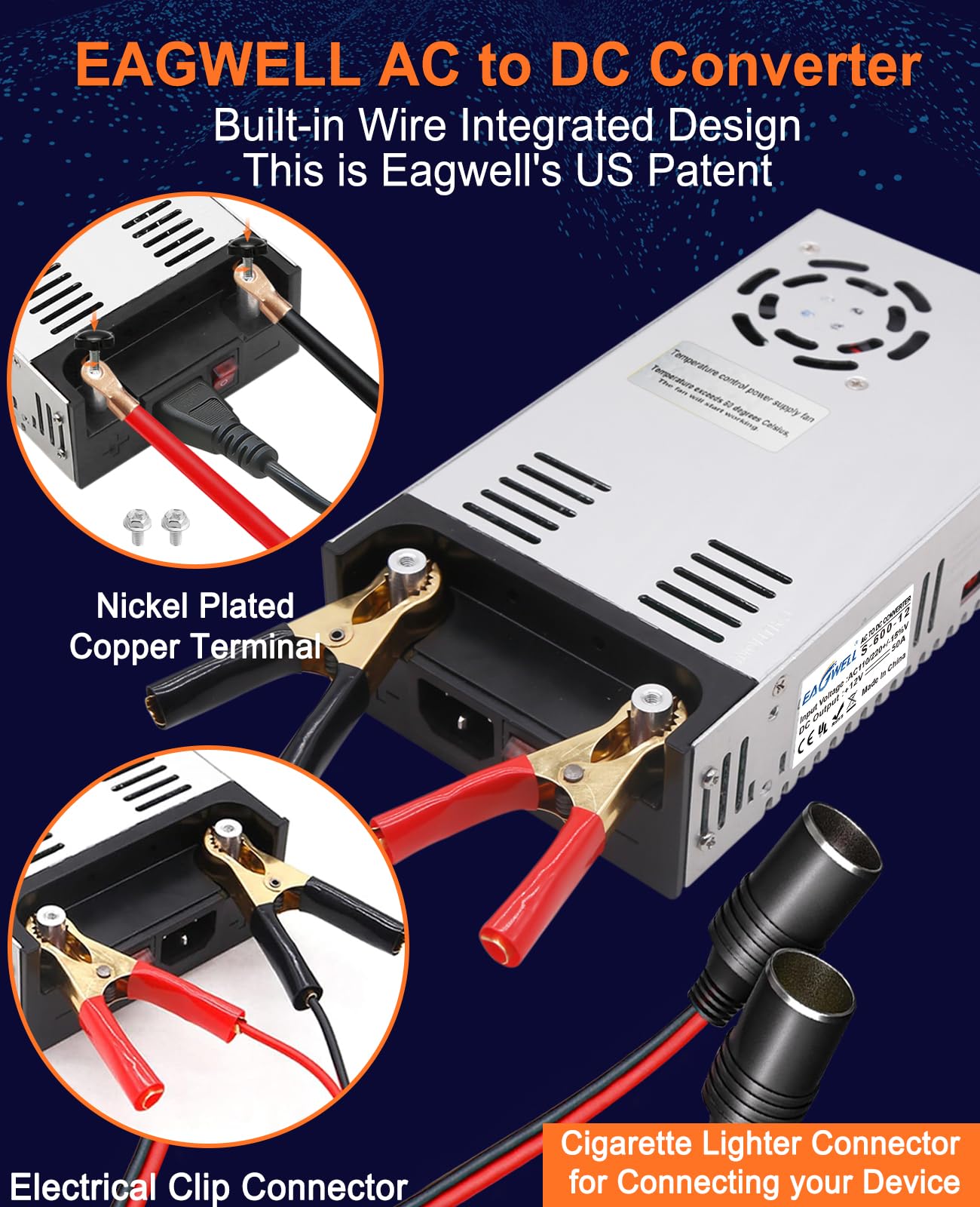 EAGWELL AC to DC Converter 12V Power Supply, Universal SMPS 120V AC to 12V 50A 600W DC Converter Power Supply Transformer Driver Adapter for RV,Pump,LED Strip, LCD Monitor