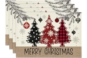 Artoid Mode Red Pine Trees Balls Merry Christmas Placemats Set of 4, 12x18 Inch Winter Xmas Table Mats for Party Kitchen Dining Decoration