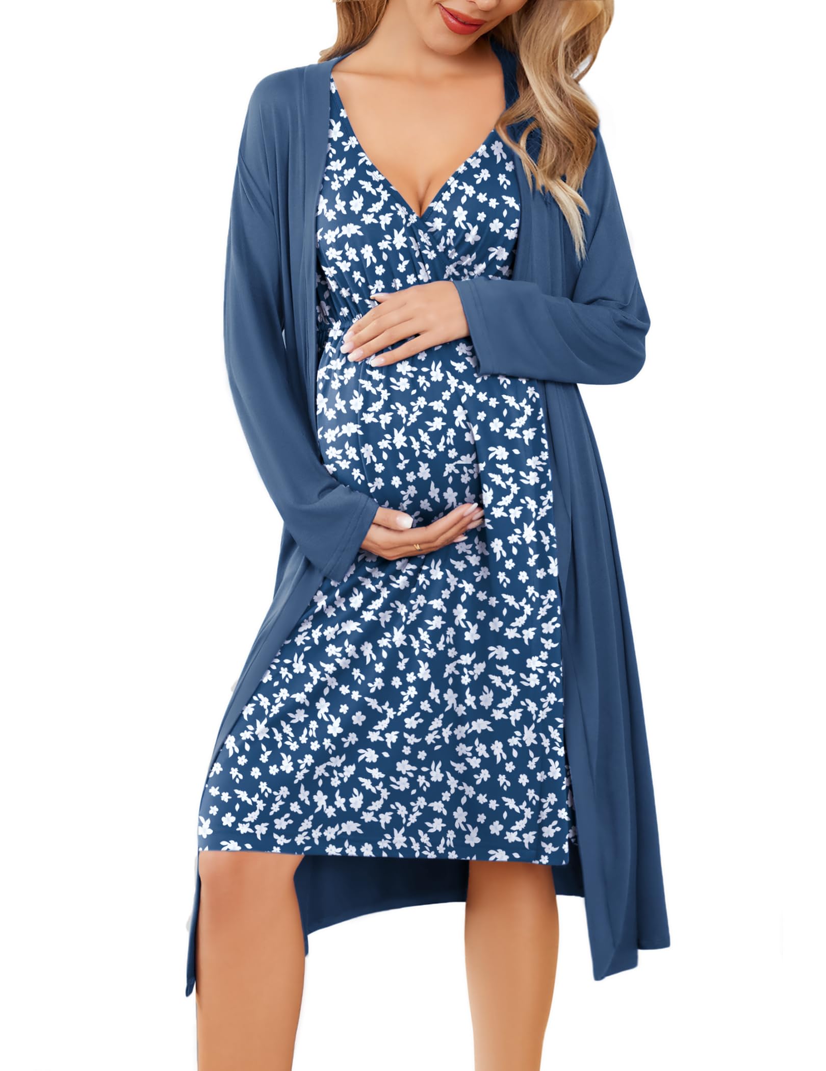 Ekouaer Nursing Gown and Robe Set Floral Maternity Nightgowns Nursing Dress for Breastfeeding Pregnancy Clothes Blue Daisy M Image