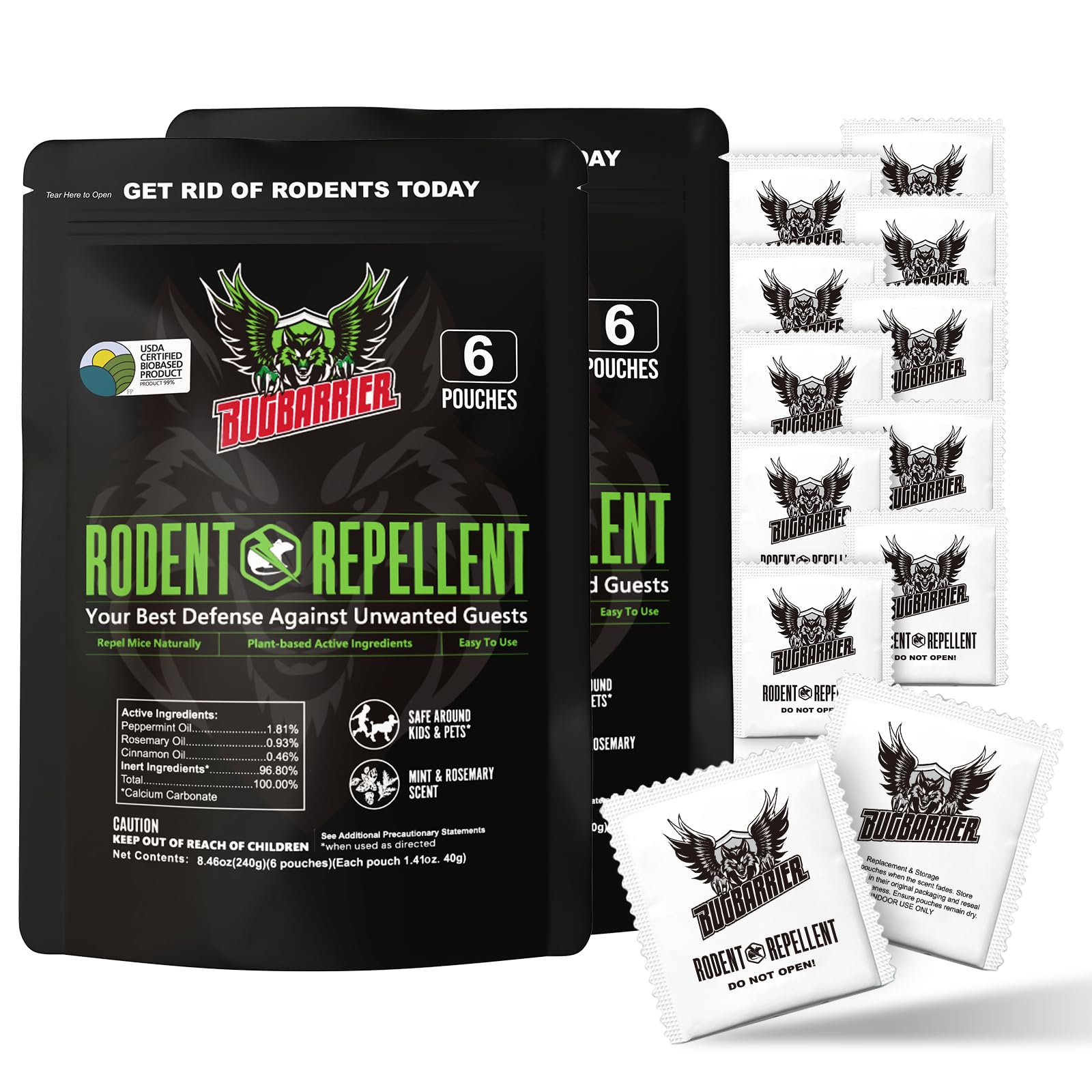 Photo 1 of BugBarrier's Extra-Strength Mouse Repellent Deterrent Pouches, USDA 99% Biobased, Peppermint & Rosemary Oils Repel Mice Nesting in Car, RV, Boat, Garage, Shed, Cabin Made in The USA (Pack of 12)