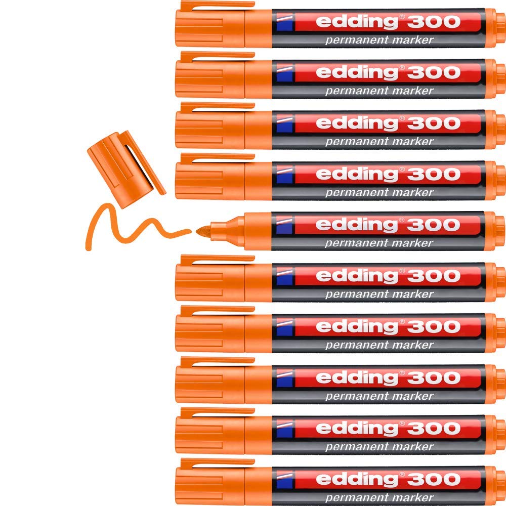 edding 300 permanent marker - orange - 10 pens - round tip 1.5-3 mm - waterproof, quick-drying, smear-proof pens - for cardboard, plastic, glass, wood, metal and fabric