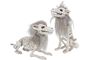 DR.DUDU 2 Pack Halloween Skeleton Wolf Decorations, Life Size Animals Skeletons Poseable Halloween Decor Plastic Bones with Hair Wolf Skull Figurines for Table Yard Lawn Party Props Décor