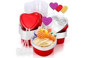 LOVINLAND Heart Shaped Cake Pans Valentine Aluminum Mini Cake Pans with Lids for Baking 30 Packs 3.4 Ounces Disposable Cupcake Cup Pan Baking Pans for Valentine Mother's Day Wedding Birthday Baking Supplies