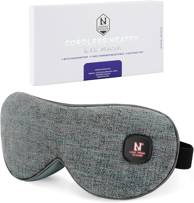 Aroma Season Cordless Heated Eye Mask Grey 3 Heat Levels 15 Min Auto-Off