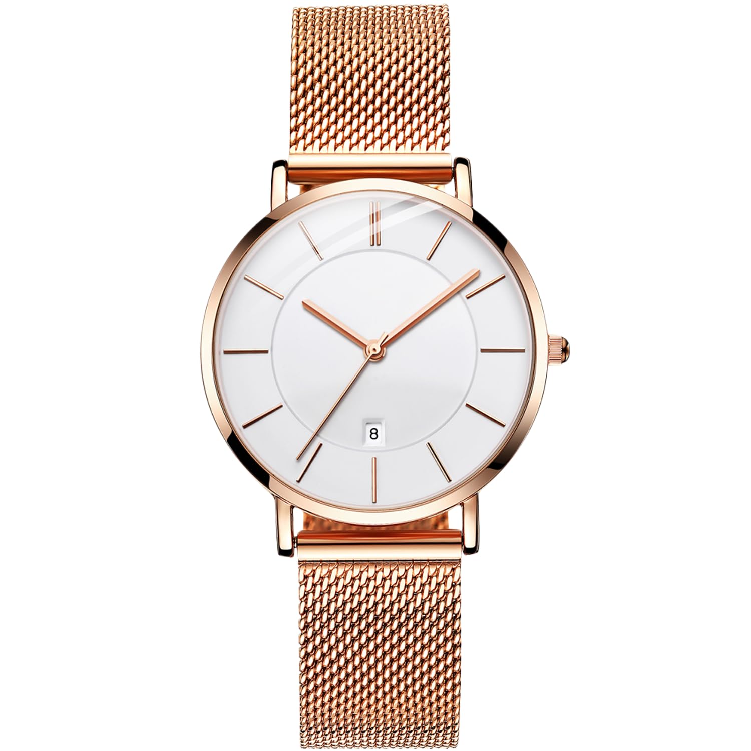 RORIOS Fashion Women Analogue Quartz Watch Calendar Stainless Steel Mesh Strap Ladies Wristwatch