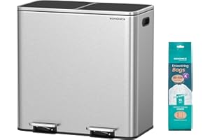 SONGMICS Trash Can, 2 x 10.6 Gallon (2 x 40 L) Garbage Can for Kitchen, with 15 Trash Bags, 2 Compartments, Plastic Inner Buckets and Hinged Lids, Airtight, Silver and Black ULTB730E80
