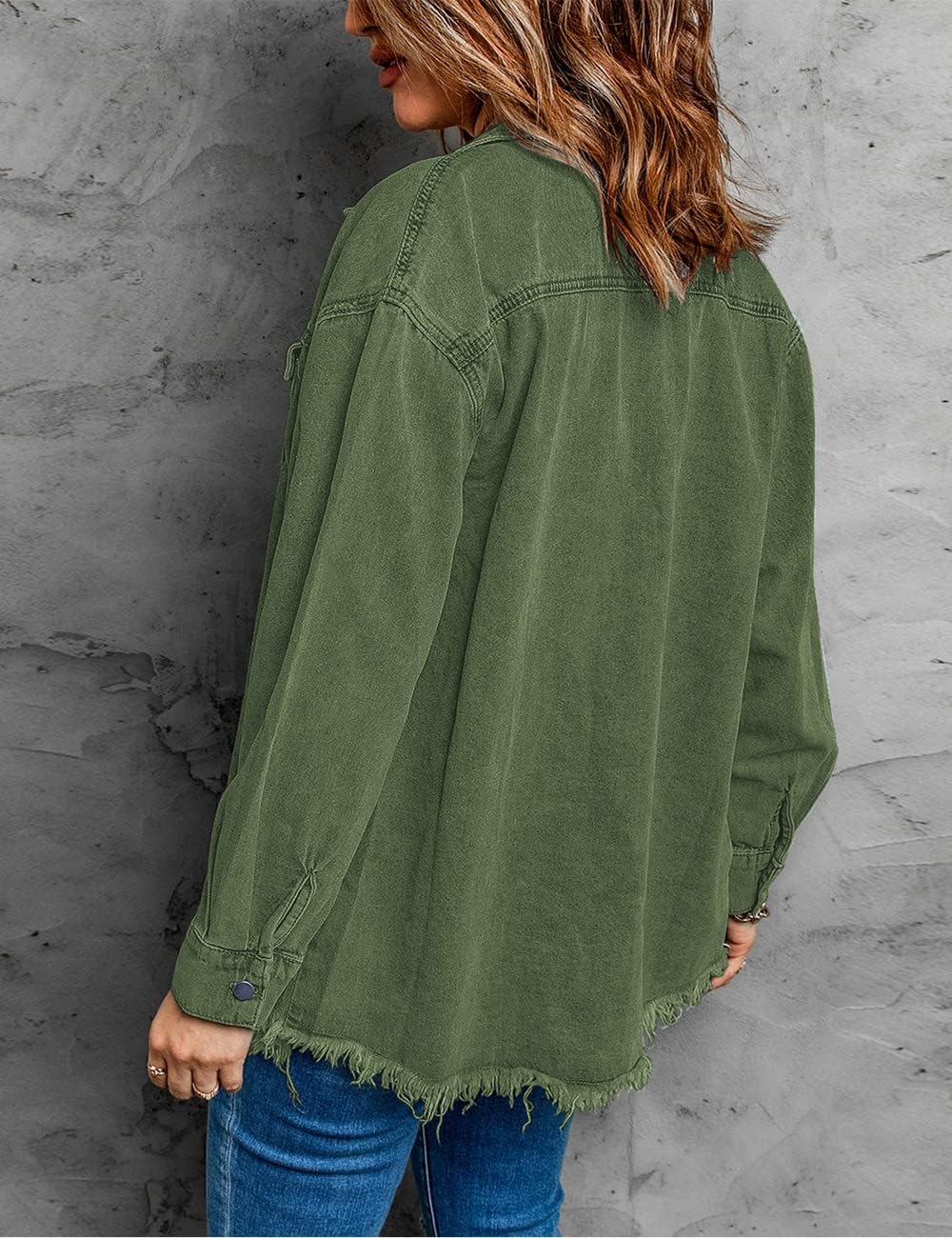 Vetinee Women’s Oversized Button Up Frayed Hem Shacket Long Sleeve Pockets Denim Jean Jacket