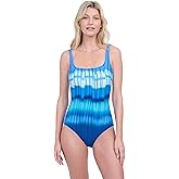Gottex Golden Hour Stylish Fun Ombre Mock Pleat Women’s Square Neck One Piece Bathing Suit with Tummy Control Swim Essential