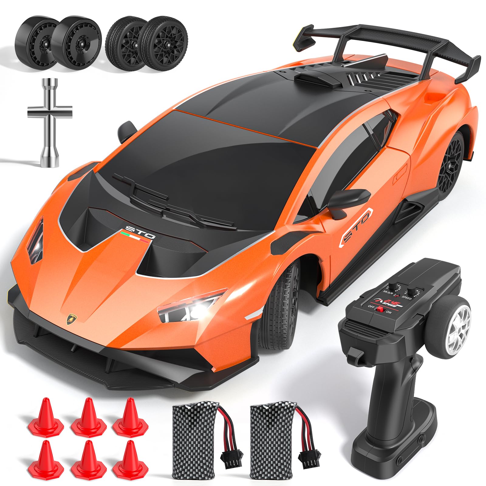 Lamborghini RC Drift Car, 1:18 4WD High Speed Remote Control Drift Cars with Full Proportional Throttle and LED Light, 35 KM/H RC Racing with Speed Adjustment, Boys Toy Gifts Age 6 7 8 9 10 11 12+