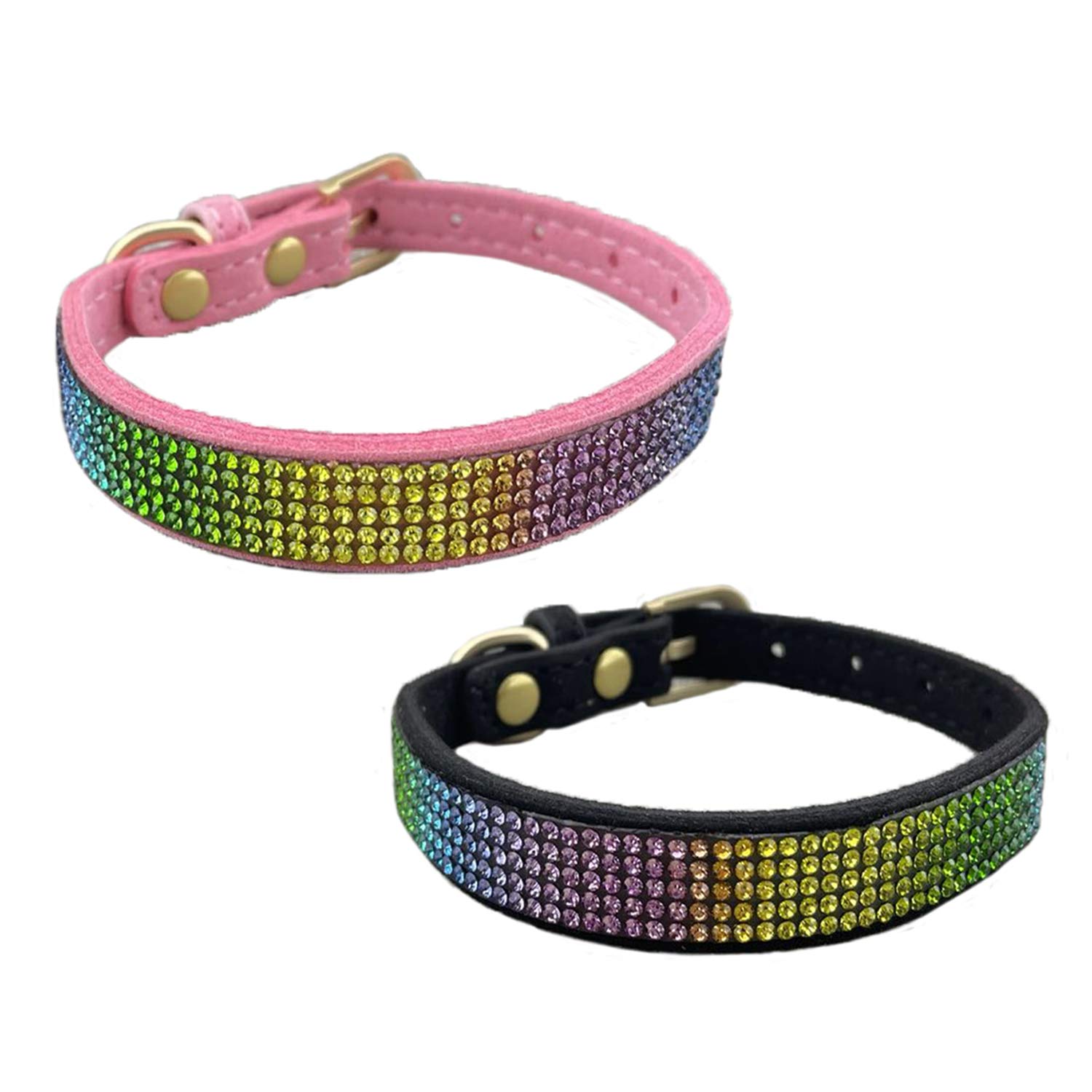 Newtensina 2 Pieces Colorful Diamante Dog Collar Rainbow Colored Puppy Collar for Small Dogs - PinkBlack - S