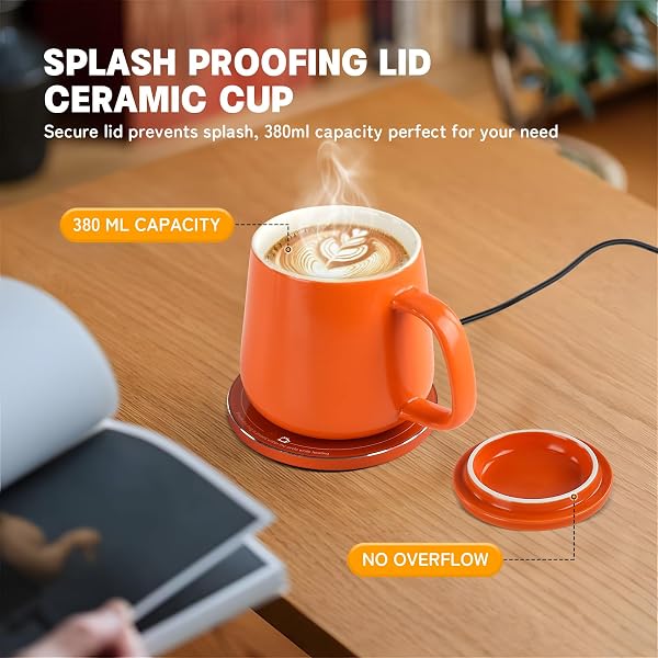 USBERG SMART-WARMING CERAMIC COFFEE CUP, 4H TEMPERATURE CONTROL WITH AUTO SHUT OFF, 15W WIRELESS CHARGER COASTER, HOT BEVERAGE WARMER WITH SPLASH-PROOF LID, 380ML/12.8 FL OZ (ORANGE)