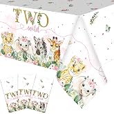 Newwiee 3 Pcs Two Wild Birthday Tablecloths Rectangle Jungle Party, Pink | 54x108 Inch Disposable Safari Animal Theme, Waterproof Plastic Covers for Girls Party, Wild Jungle Decor for 2nd Birthday