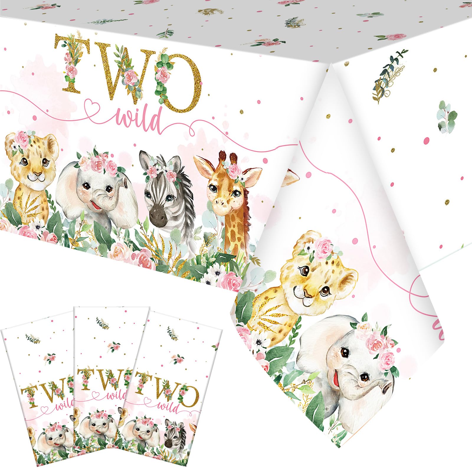 Photo 1 of Newwiee 3 Pcs Two Wild Birthday Decorations Tablecloths Safari Animal Table Cloths 54 x 108 Inch Rectangle Jungle Table Covers Wild Animal Tablecloths for 2nd Birthday Party Supplies(Pink)