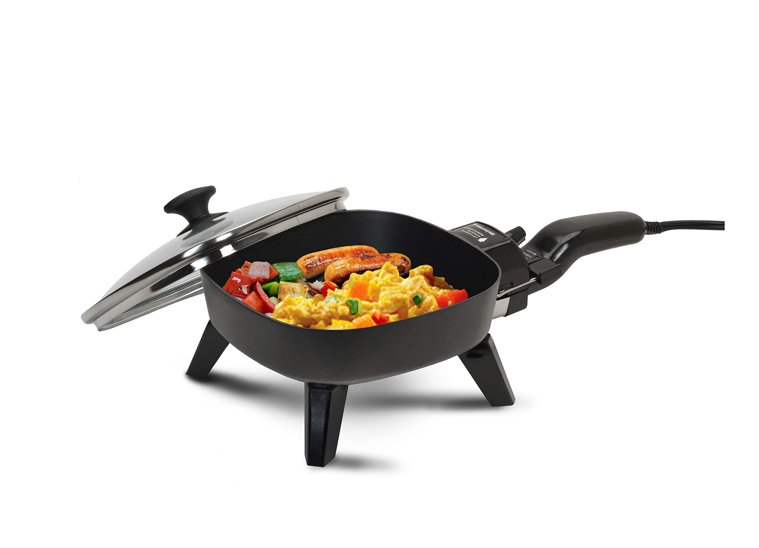 Elite Gourmet EFS-400# Personal Stir Fry Griddle Pan, Rapid Heat Up, 600 Watts Non-stick Electric Skillet with Tempered Glass Lid, Black