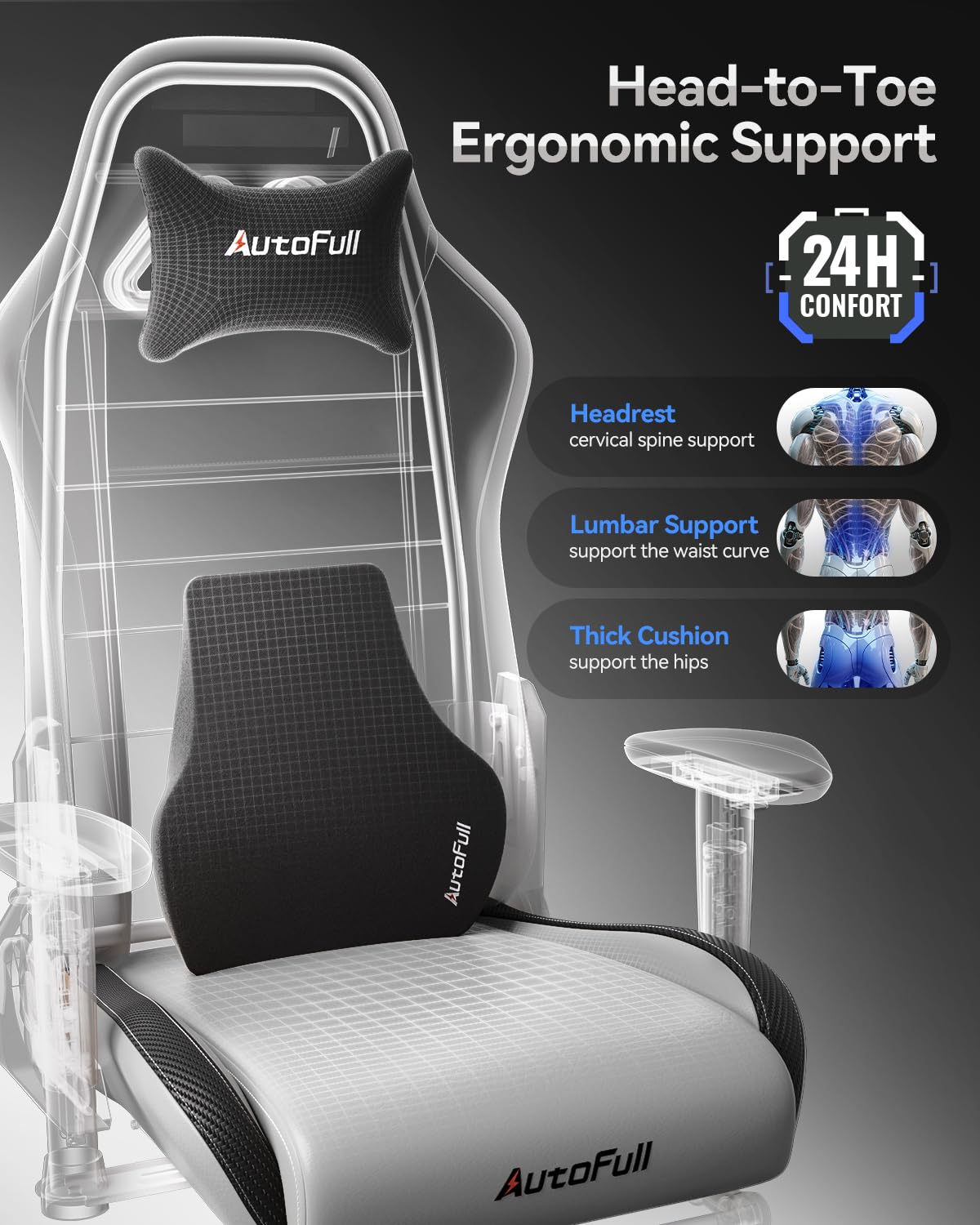 AutoFull C3 Gaming Chair PC Chair with Ergonomics Lumbar Support, Racing Style PU Leather High Back Adjustable Swivel Task Chair with Footrest ,Grey