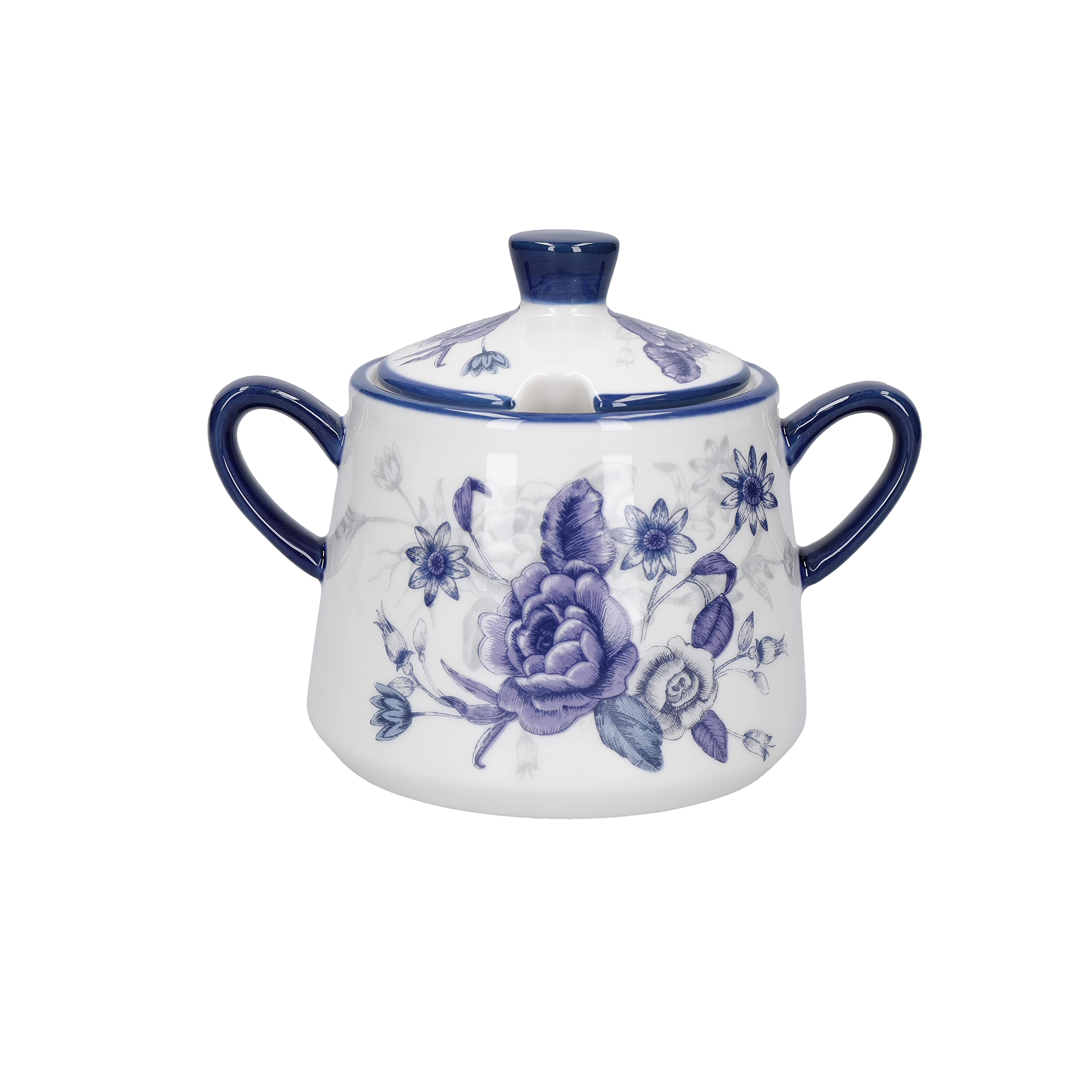 London Pottery Blue Rose Lidded Sugar Bowl, Ceramic, Almond Ivory/Blue, 13 x 8 x 10 cm