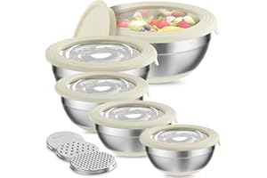 Humiwing Mixing Bowls Set of 5, Stainless Steel Nesting Mixing Bowls with Khaki Lids, 3 Grater Attachments, Measurement Marks & Non-Slip Bottoms, Great for Mixing & Serving - Beige